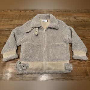 Jules Kae Sherpa Moto Jacket Beige Faux Suede Trim Buckle Zip Coat Size M